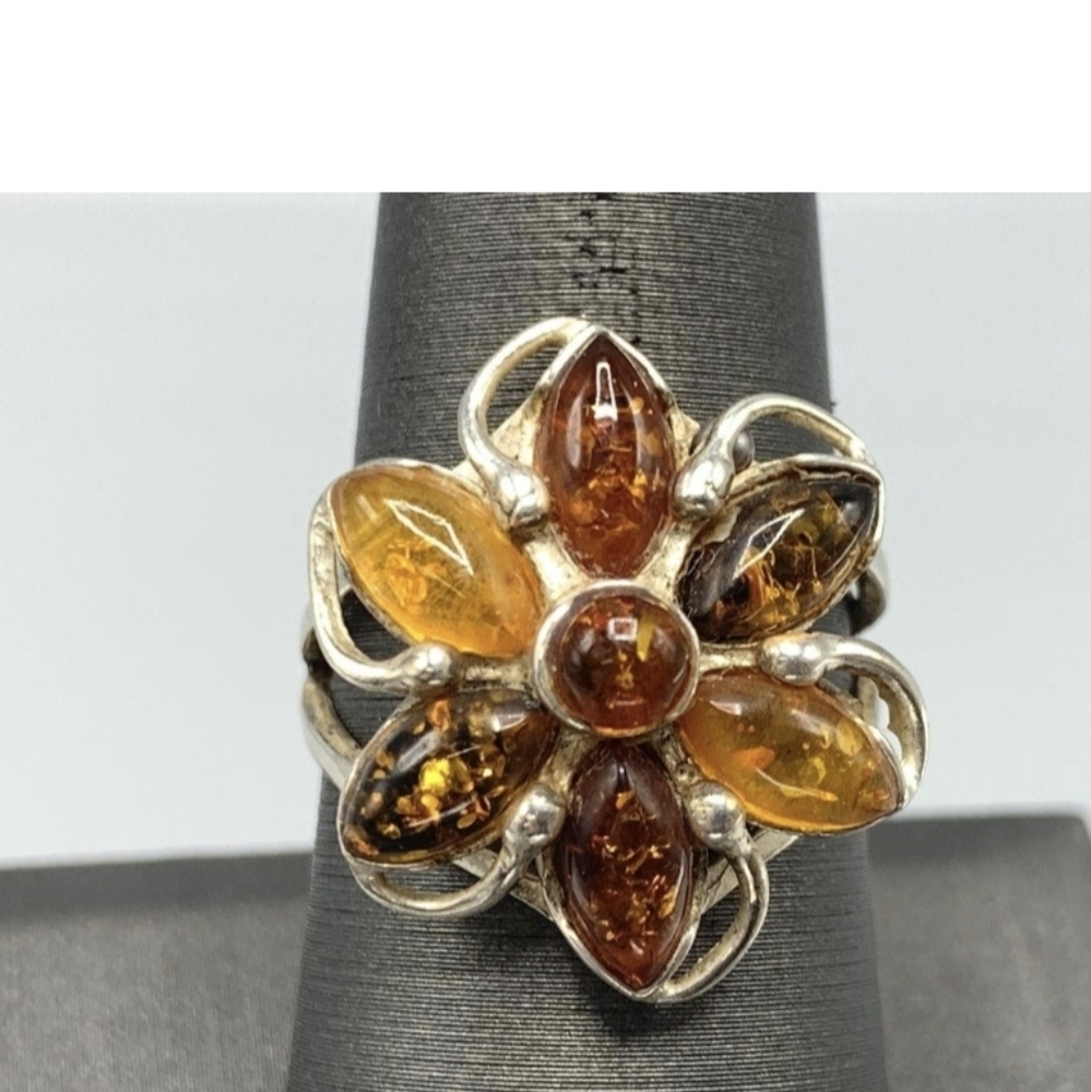 Vintage Amber Resin And Sterling Flower Ring 7.5